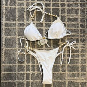 White Bikini with gold bead NEW small